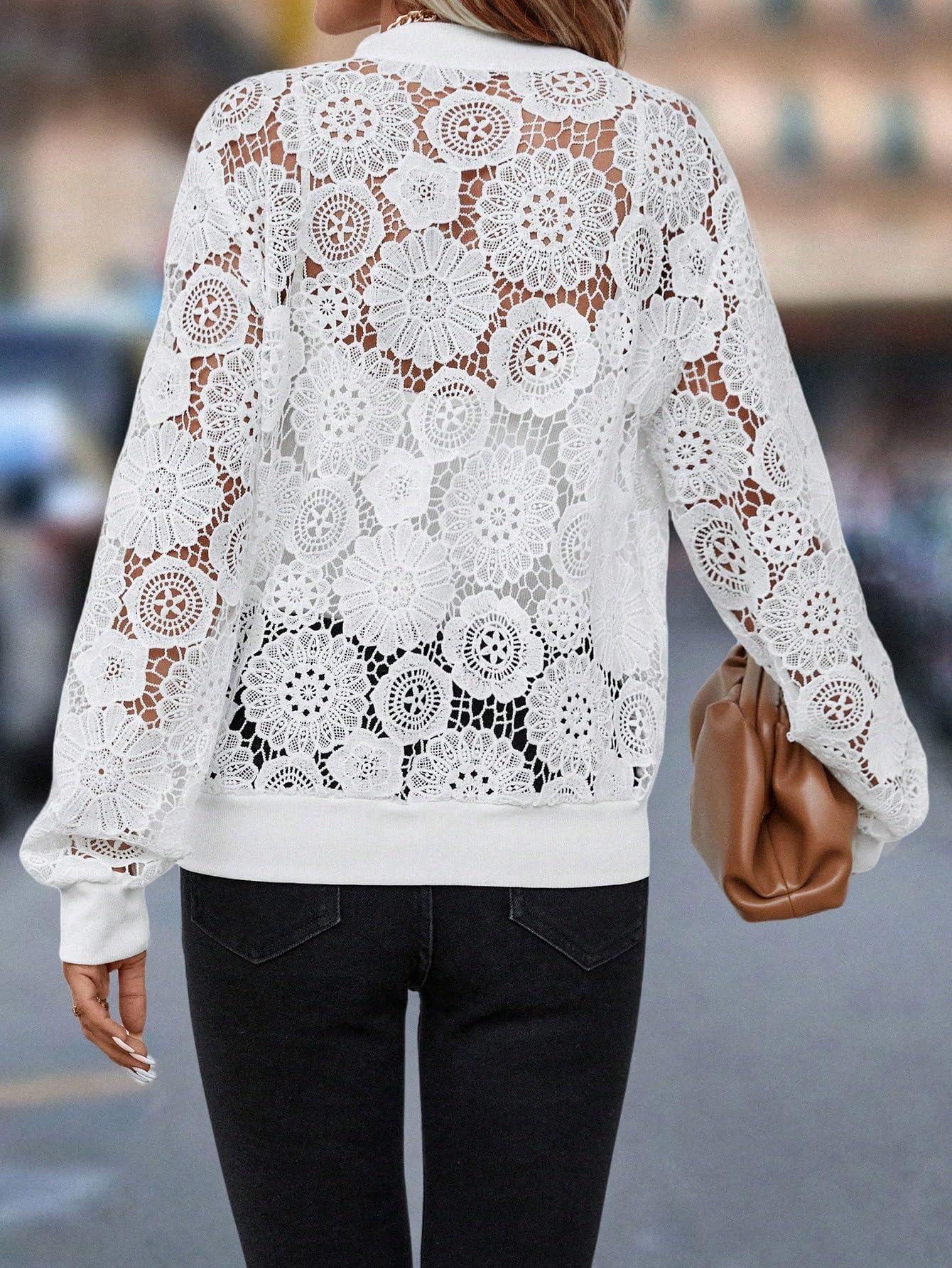 Guipure Lace Insert Zip Up Bomber Jacket (Color : White, Size